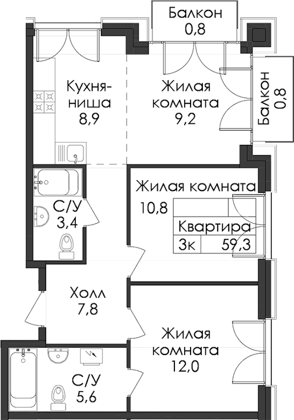 2-комнатная квартира 59.3 м², 4/7 эт., ЖК «Лермонтовский 54»